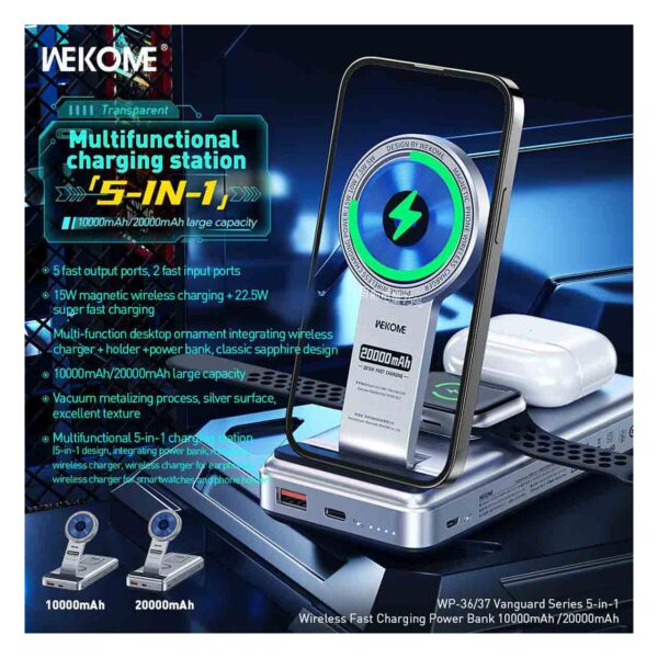 پاوربانک (PD و فست شارژ) WEKOME 22.5W 20000mAh مدل WP-37 - نقره ای (گارانتی شش ماهه شرکتی)